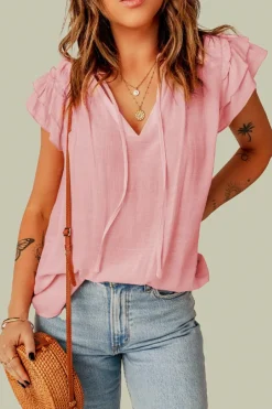 Clearance Dear-Lover Tiered Ruffled Drawstring V Neck Top Pink
