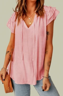 Clearance Dear-Lover Tiered Ruffled Drawstring V Neck Top Pink
