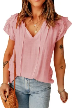 Clearance Dear-Lover Tiered Ruffled Drawstring V Neck Top Pink