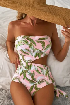 Best Dear-Lover Tropical Asymmetric Cut out Halter Backless One Piece Swimwear Pink