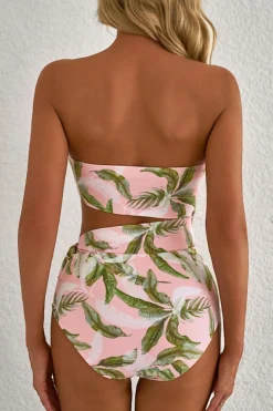 Best Dear-Lover Tropical Asymmetric Cut out Halter Backless One Piece Swimwear Pink