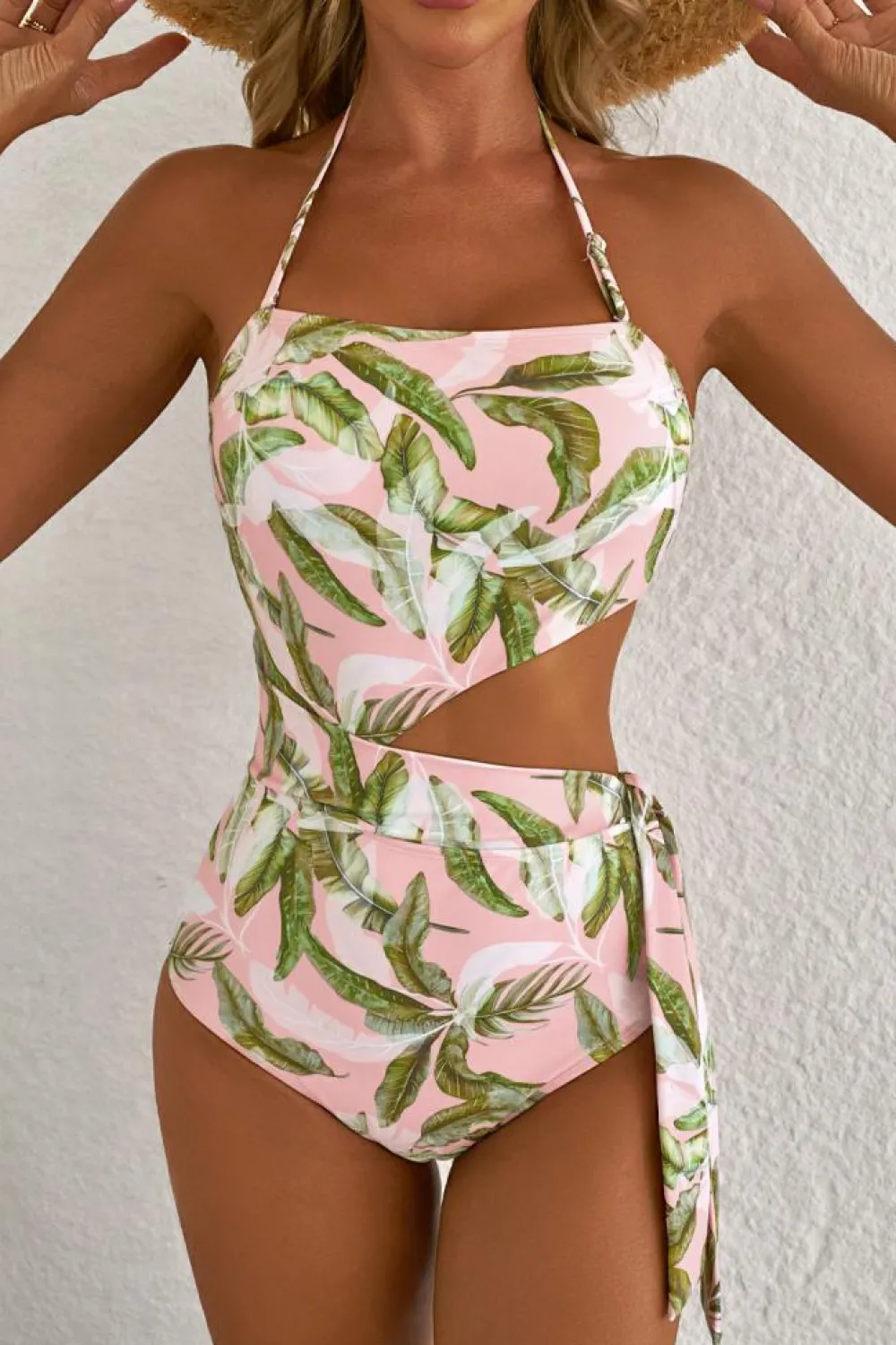 Best Dear-Lover Tropical Asymmetric Cut out Halter Backless One Piece Swimwear Pink