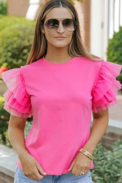 Clearance Dear-Lover Tulle Ruffle Sleeve Blouse Pink