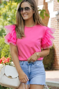 Clearance Dear-Lover Tulle Ruffle Sleeve Blouse Pink