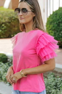 Clearance Dear-Lover Tulle Ruffle Sleeve Blouse Pink