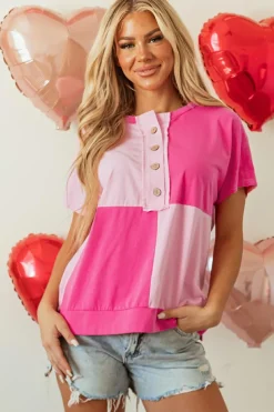 Online Dear-Lover Two Tone Half Buttons Collared T Shirt Pink