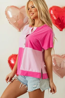 Online Dear-Lover Two Tone Half Buttons Collared T Shirt Pink