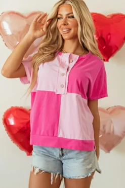 Online Dear-Lover Two Tone Half Buttons Collared T Shirt Pink