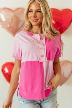 Online Dear-Lover Two Tone Half Buttons Collared T Shirt Pink