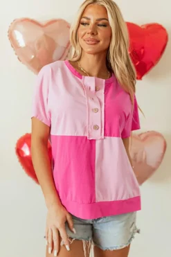 Online Dear-Lover Two Tone Half Buttons Collared T Shirt Pink