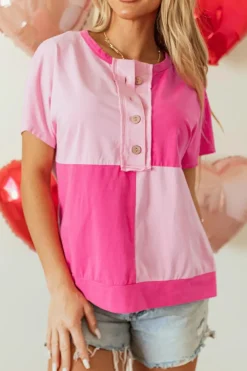 Online Dear-Lover Two Tone Half Buttons Collared T Shirt Pink