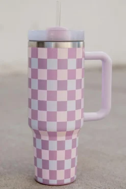 Best Dear-Lover Two-Tone Checkered Stainless Cup With Handle 40oz Pink