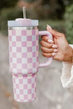 Best Dear-Lover Two-Tone Checkered Stainless Cup With Handle 40oz Pink