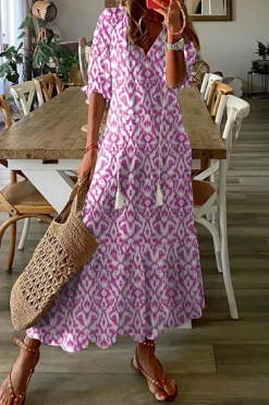 Outlet Dear-Lover V Neck Casual Geometric Print Maxi Dress Pink