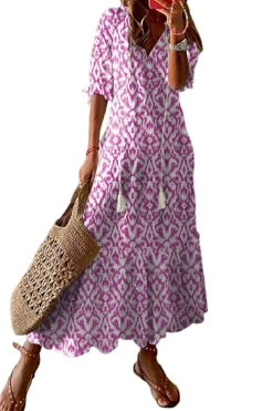 Outlet Dear-Lover V Neck Casual Geometric Print Maxi Dress Pink