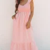Online Dear-Lover Pink V Neck Flutter Sleeve Smocked Bodice High Waist Ruffle Maxi Dress Apricot Pink