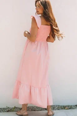 Online Dear-Lover Pink V Neck Flutter Sleeve Smocked Bodice High Waist Ruffle Maxi Dress Apricot Pink