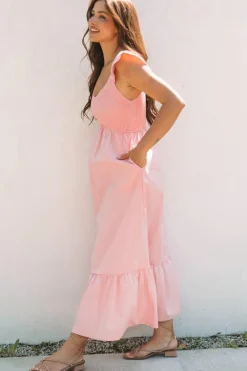 Online Dear-Lover Pink V Neck Flutter Sleeve Smocked Bodice High Waist Ruffle Maxi Dress Apricot Pink