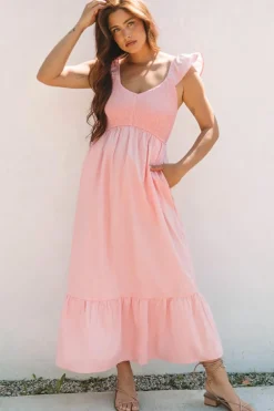 Online Dear-Lover Pink V Neck Flutter Sleeve Smocked Bodice High Waist Ruffle Maxi Dress Apricot Pink