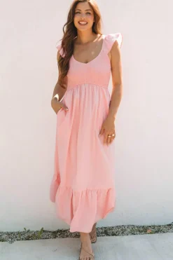 Online Dear-Lover Pink V Neck Flutter Sleeve Smocked Bodice High Waist Ruffle Maxi Dress Apricot Pink