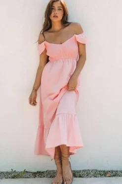 Online Dear-Lover Pink V Neck Flutter Sleeve Smocked Bodice High Waist Ruffle Maxi Dress Apricot Pink