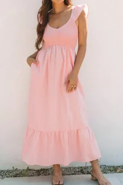 Online Dear-Lover Pink V Neck Flutter Sleeve Smocked Bodice High Waist Ruffle Maxi Dress Apricot Pink