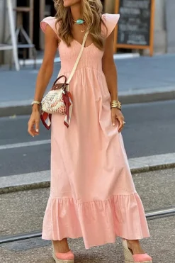 Online Dear-Lover Pink V Neck Flutter Sleeve Smocked Bodice High Waist Ruffle Maxi Dress Apricot Pink