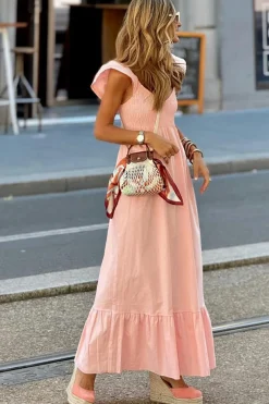 Online Dear-Lover Pink V Neck Flutter Sleeve Smocked Bodice High Waist Ruffle Maxi Dress Apricot Pink