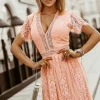 Hot Dear-Lover V Neck High Waist Lace Maxi Dress Pink