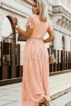 Hot Dear-Lover V Neck High Waist Lace Maxi Dress Pink