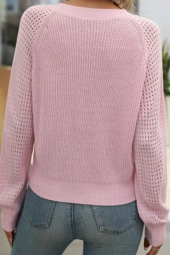 Fashion Dear-Lover V Neck Knitted Eyelets Raglan Sleeve Sweater Pink