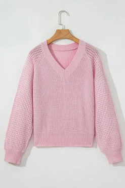 Fashion Dear-Lover V Neck Knitted Eyelets Raglan Sleeve Sweater Pink