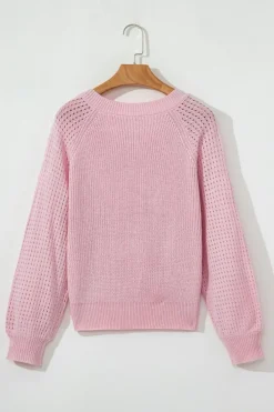 Fashion Dear-Lover V Neck Knitted Eyelets Raglan Sleeve Sweater Pink
