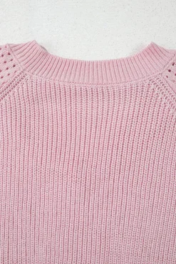 Fashion Dear-Lover V Neck Knitted Eyelets Raglan Sleeve Sweater Pink