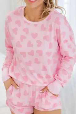 New Dear-Lover Valentine Heart Shape Print Long Sleeve Top Shorts Lounge Set Pink