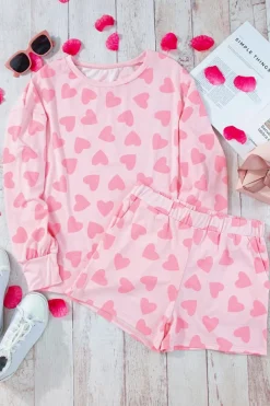 New Dear-Lover Valentine Heart Shape Print Long Sleeve Top Shorts Lounge Set Pink