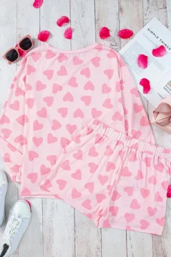 New Dear-Lover Valentine Heart Shape Print Long Sleeve Top Shorts Lounge Set Pink