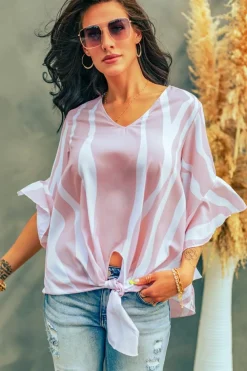 Discount Dear-Lover Vertical Stripes V Neck 3/4 Sleeve Blouse Pink