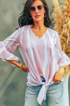 Discount Dear-Lover Vertical Stripes V Neck 3/4 Sleeve Blouse Pink