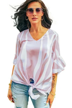 Discount Dear-Lover Vertical Stripes V Neck 3/4 Sleeve Blouse Pink