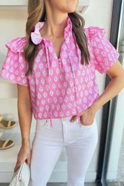 Discount Dear-Lover Vintage Floral Ruffled Split Neck Short Sleeve Blouse Pink
