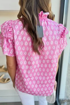 Discount Dear-Lover Vintage Floral Ruffled Split Neck Short Sleeve Blouse Pink