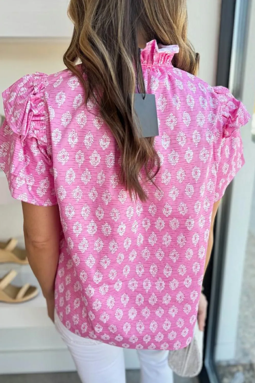 Discount Dear-Lover Vintage Floral Ruffled Split Neck Short Sleeve Blouse Pink