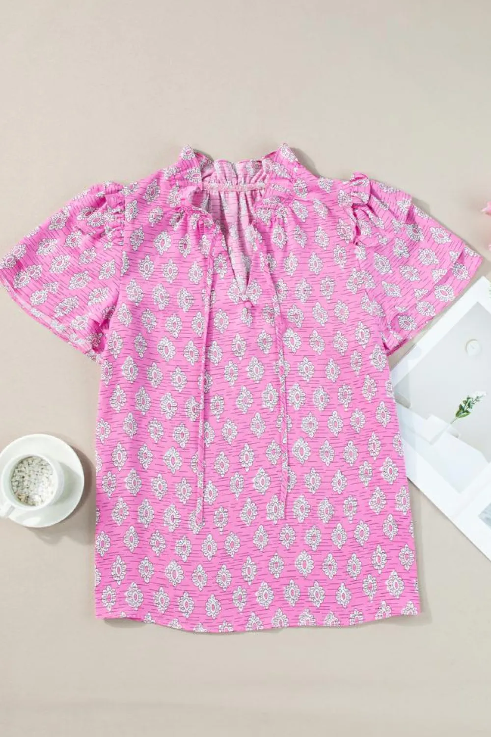 Discount Dear-Lover Vintage Floral Ruffled Split Neck Short Sleeve Blouse Pink