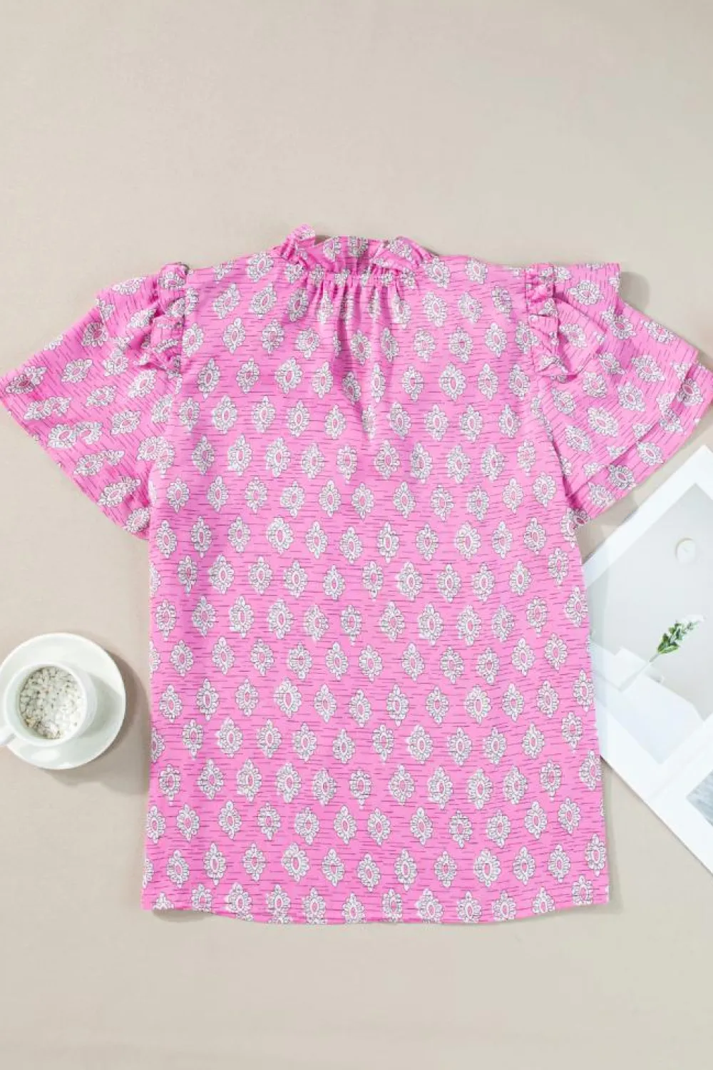 Discount Dear-Lover Vintage Floral Ruffled Split Neck Short Sleeve Blouse Pink