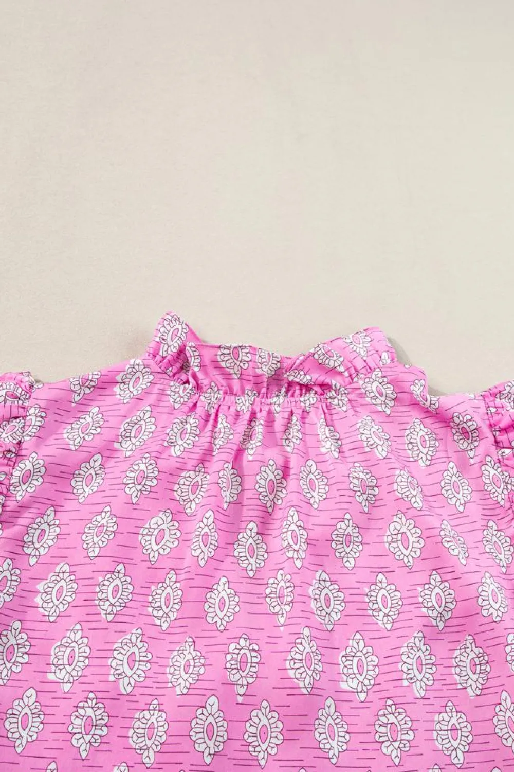 Discount Dear-Lover Vintage Floral Ruffled Split Neck Short Sleeve Blouse Pink