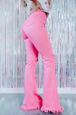 Sale Dear-Lover Vintage High Waist Flare Leg Ripped Raw Hem Jeans Pink