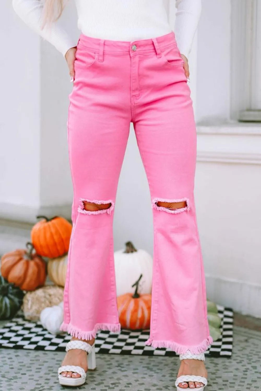 Sale Dear-Lover Vintage High Waist Flare Leg Ripped Raw Hem Jeans Pink