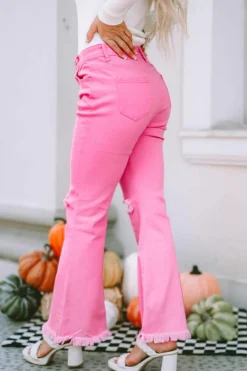 Sale Dear-Lover Vintage High Waist Flare Leg Ripped Raw Hem Jeans Pink