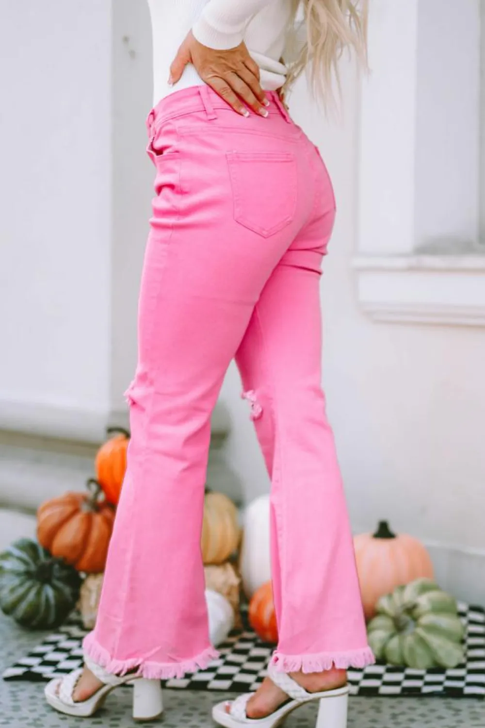 Sale Dear-Lover Vintage High Waist Flare Leg Ripped Raw Hem Jeans Pink